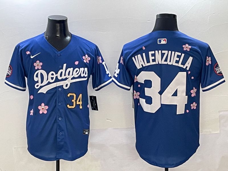 Men Los Angeles Dodgers #34 Valenzuela Blue Sakura Edition 2025 Nike MLB Jersey style 3->los angeles dodgers->MLB Jersey
